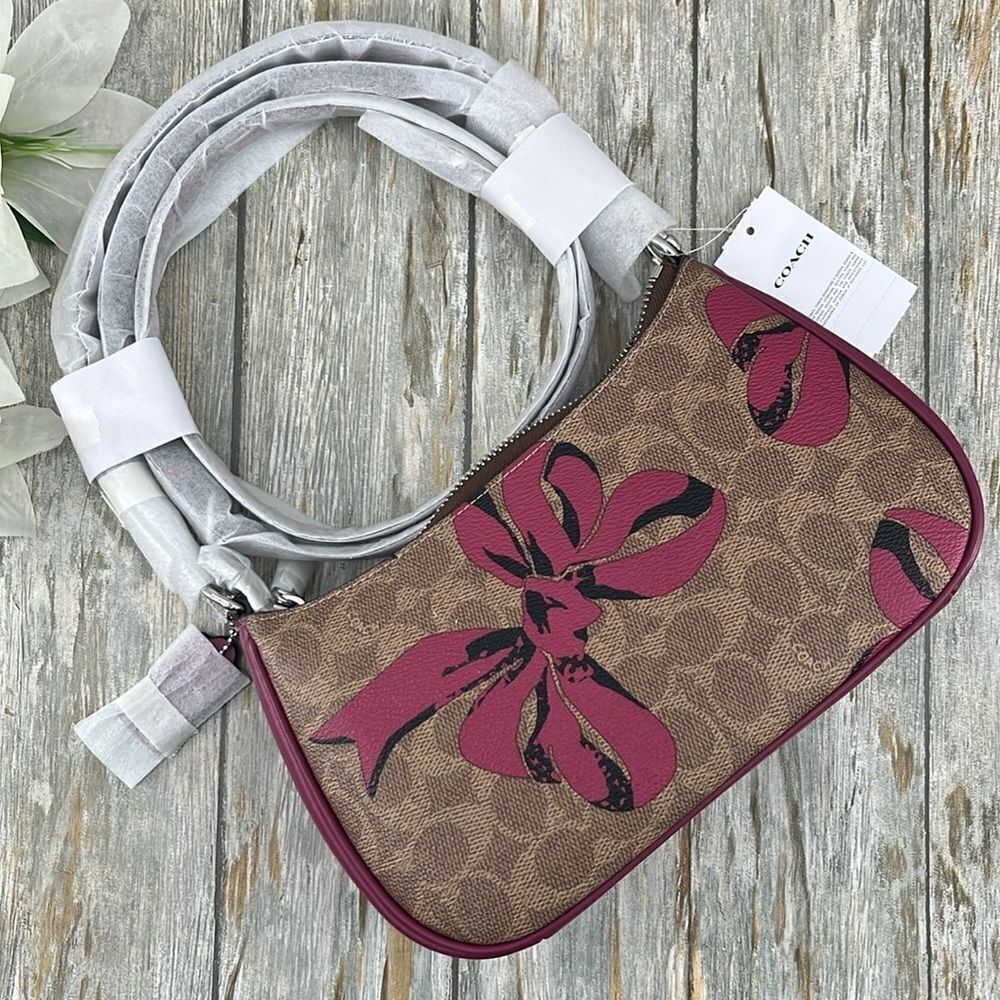 Coach Teri Shoulder Bag Crossbody In Signature Canvas With Bow Print Purse - Picture 5 of 7